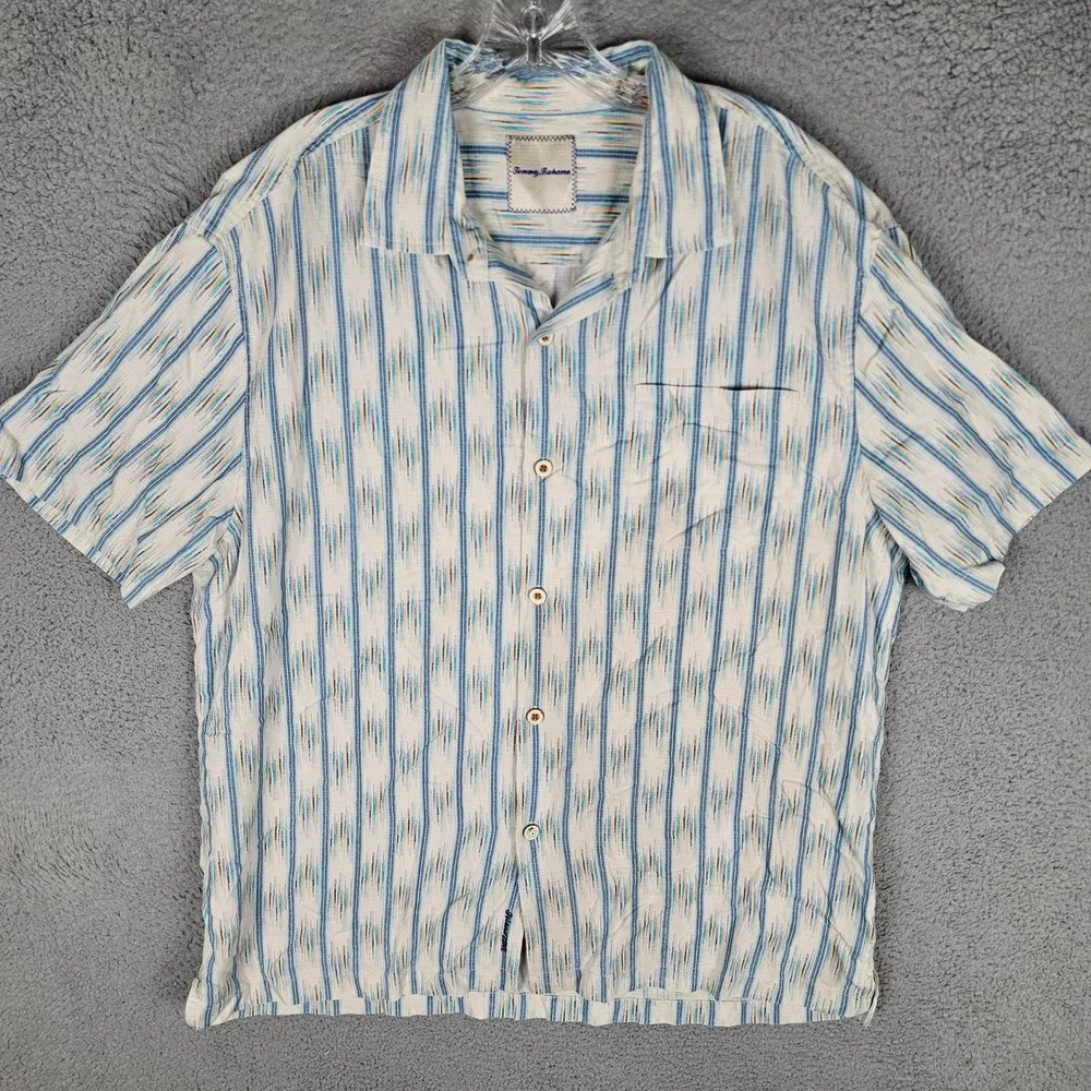 Tommy Bahama Button Down Mens XL Blue IslandZone Silk Blend Ikat Stripe Shirt